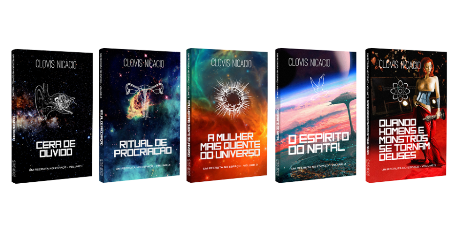 Imagem com as capas das histórias da série Um Recruta no Espaço, escrita por Clóvis Nicácio.