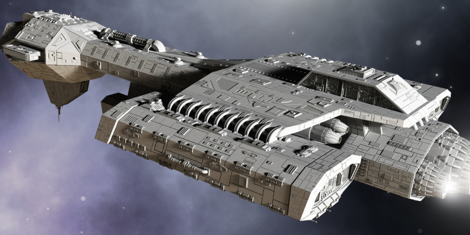 Uma grande nave espacial navega pelo espaço.