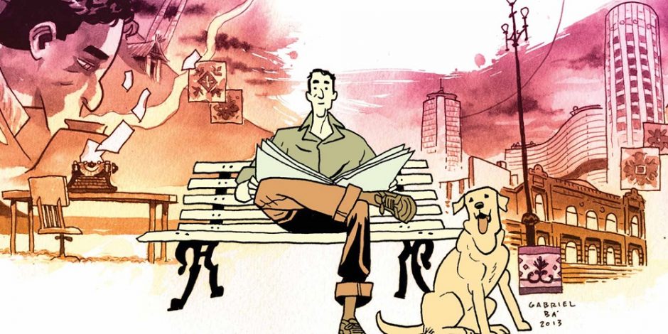 Ilustração para a história em quadrinhos 'Daytripper', de Fábio Moon e Gabriel Bá. No centro da imagem, um homem sentado em um banco de praça com um jornal aberto no colo. Ele olha pra frente. Seu olhar é cansado, mas intrigado. Ao seu lado, sentado no chão, um cachorro de médio porte, que também olha para frente, mas está com a língua para fora.