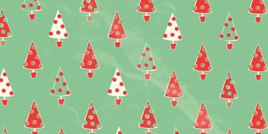 Tema com pinheiros de natal vermelhos num fundo verde