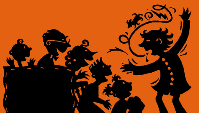 Menino contando história para vários amigos. Personagem em preto em fundo laranja.