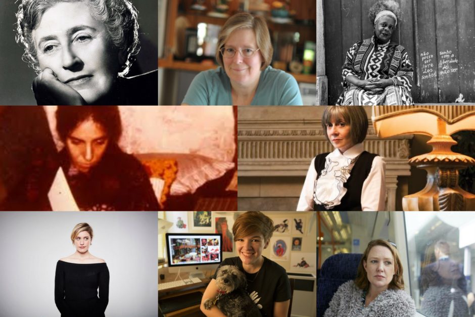 Montagem com fotos das autoras, da esquerda para a direita, Agatha Christie, Lois McMaster Bujold, Conceição Evaristo, Marilia Gabriela Llansol, Anne Rice, Greta Gerwig, Noelle Stevenson e Paula Hawkins