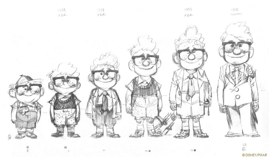 imagem de Carl Fredricksen em preto e branco em várias idades diferentes